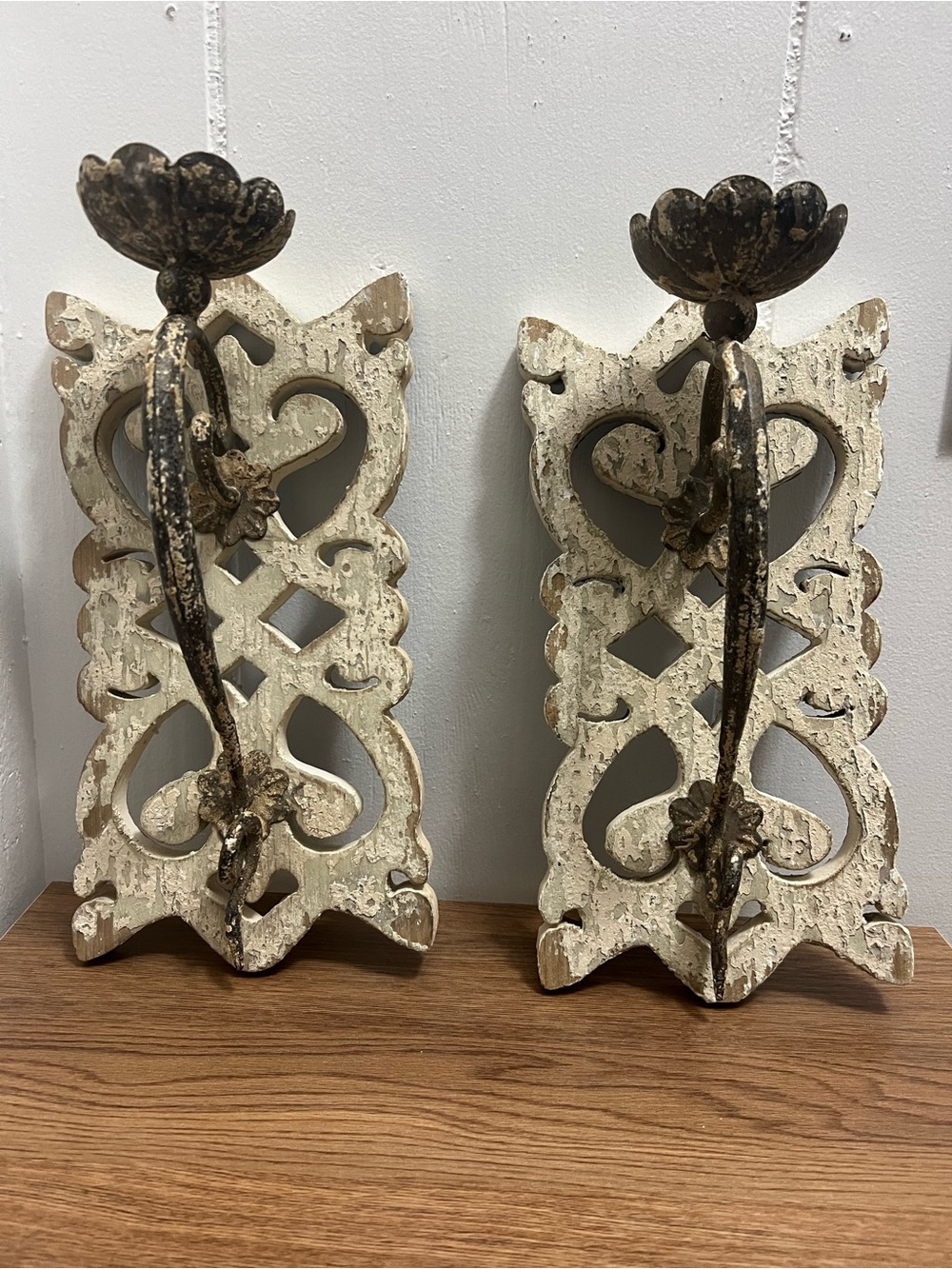 Rustic Distressed White Wood Wall Candle Sconce Set Farmhouse Vintage Decor - Picture 3 of 4